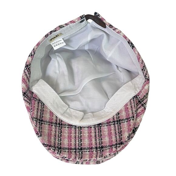 Pink Plaid Tweed Newsboy Cabbie Hat Cap One Size Adjustable Lined Preppy Twee - Picture 5 of 5